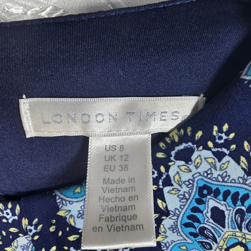London Times Blue Medallion Tile Print Sleeveless Maxi Dress Size 8 Empire Waist - Picture 3 of 10